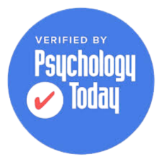 Blue circular badge with the words "Verified by Psychology Today" and a red checkmark inside a white circle.